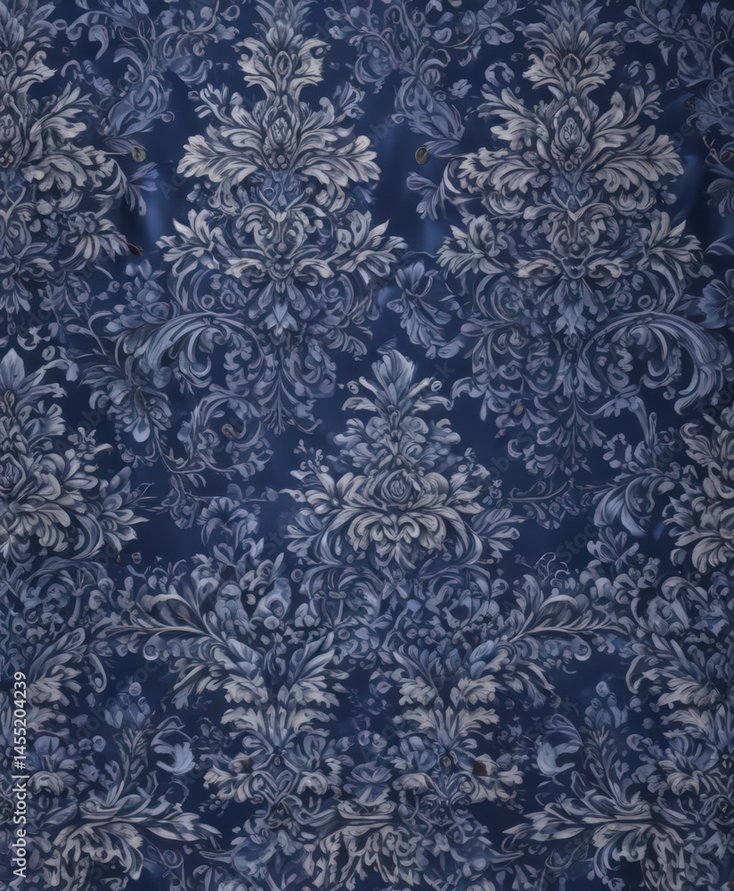Elegant damask floral pattern, intricate blooms, royal blue, surface, print Elegant damask floral pattern, intricate blooms, royal blue, surface, print