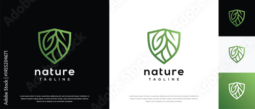 Nature security shield logo design. Shield logo design vector icon with leaves.