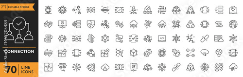Connection line icon set. Containing network, join, collaboration, connectivity, interaction, cable, integration, connection, and more. Editable stroke. Vector illustration