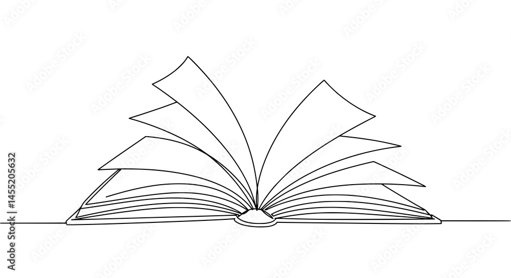 Libro abierto dibujado con una sola línea continua, ilustración vectorial minimalista en fondo blanco svg


