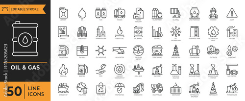 Oil & Gas line icon set. Containing fuel, refinery, petroleum, oil well, gas pump, offshore platform, lubricant, oil barrel and more. Editable stroke. Vector illustration