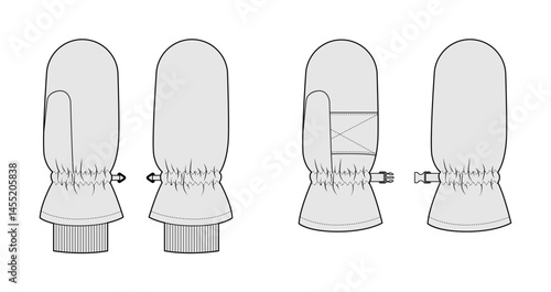 Snowboarding Gloves Mittens Fashion hand accessory clothing technical illustration garment. Vector front palm back view for Men, women unisex style flat template CAD mockup outline on white background