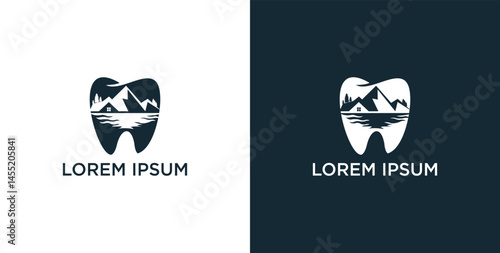 vector logo design for dentist or dental company with sea mountains - lake hills vector