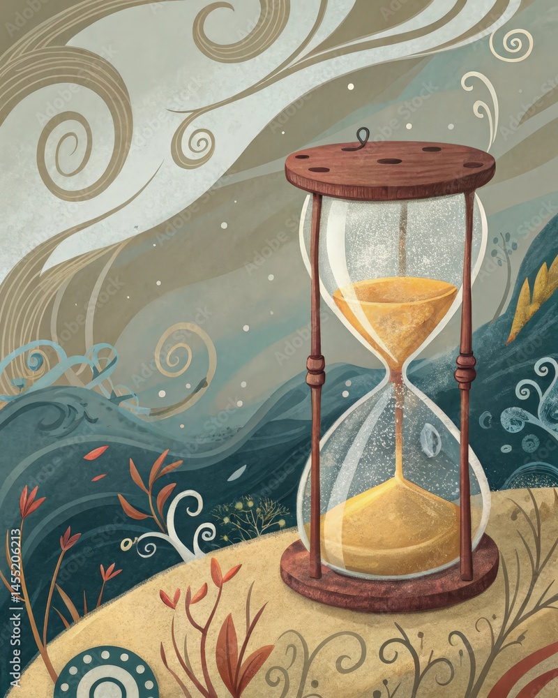 An hourglass with sand slipping away rapidly evoking the pressure of time and the fleeting nature of life that fuels anxiety and reflection.
