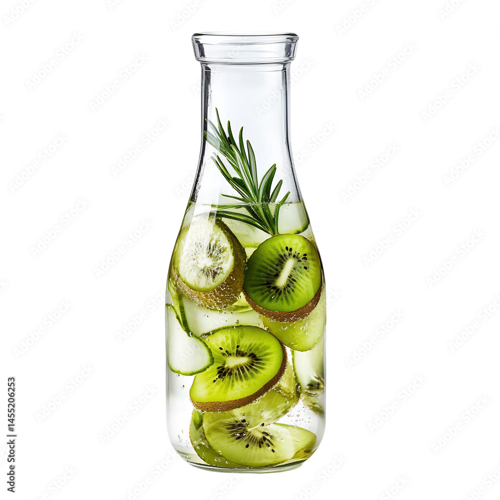 Kiwi and Rosemary in Sparkling Water in a Glass Bottle Isolated on Transparent Background Kiwi and Rosemary in Sparkling Water in a Glass Bottle Isolated on Transparent Background