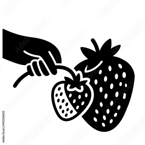 A hand picks a strawberry from a stem, showcasing two strawberries: one dark, one light.  Vector art, black and white.