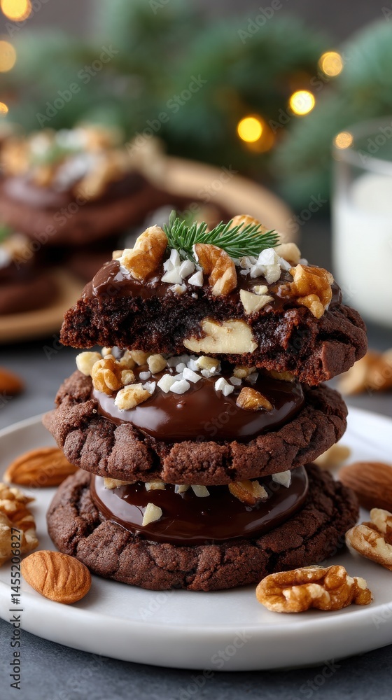 Stack of dark chocolate cookies with creamy filling, topped with nuts and a sprig of evergreen on a white plate Stack of dark chocolate cookies with creamy filling, topped with nuts and a sprig of evergreen on a white plate