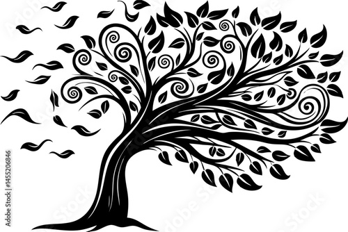 A stylized black and white illustration of a tree with swirling branches and leaves blowing away in the wind.