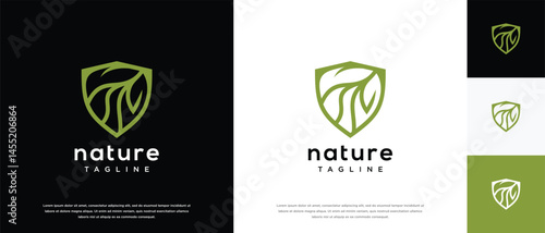 Nature security shield logo design. Shield logo design vector icon with leaves.