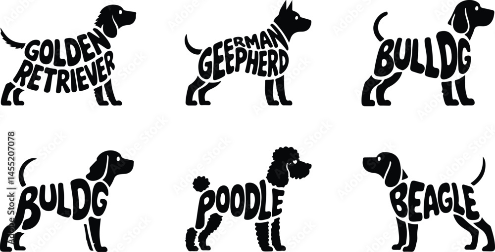 Fototapeta premium Vector Illustration Description: Set of black vector illustrations featuring dog breeds (Golden Retriever, German Shepherd, Bulldog, Poodle, Beagle) with text forming their shapes
