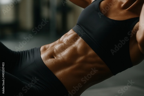 Athletic woman showing sculpted abs while exercising in gym