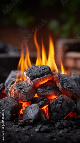 Burning charcoal briquettes glowing with flames, showing high heat for grilling and cooking outdoors with fiery coals.