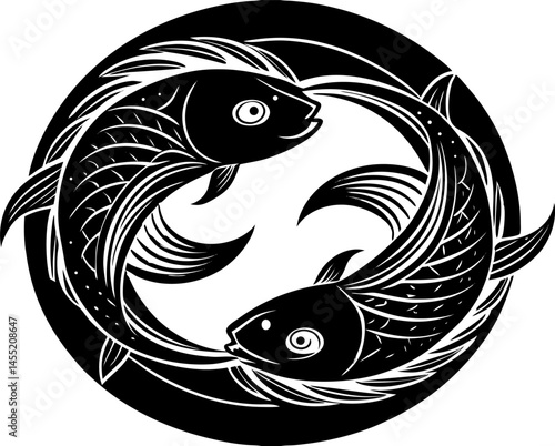A black and white circular illustration of the zodiac sign Pisces, featuring two stylized fish swimming in opposite directions.
