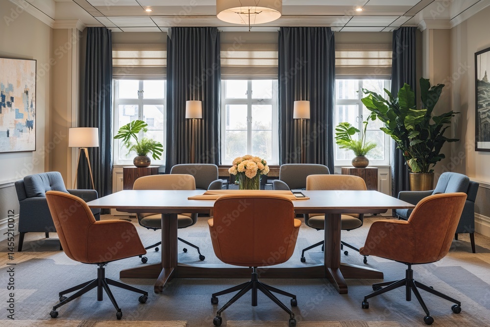 Fototapeta premium Elegant Meeting Room Design with Trendy Chairs and Central Conference Table