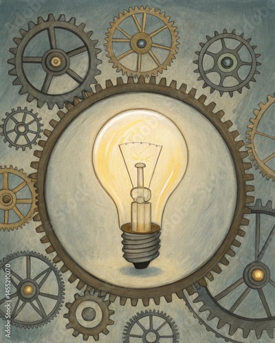 A lightbulb surrounded by gears and cogs signifying the role of metaphor in problemsolving and innovative thinking as an ignition for creativity.