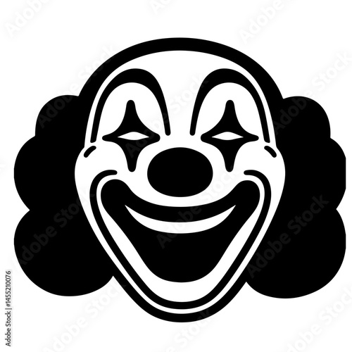 A bold, black and white vector illustration of a clown face, featuring a wide smile and classic makeup.