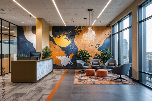 Modern Office Reception Area Featuring Trendy Mural Accent Wall and Well-Organized Meeting Rooms