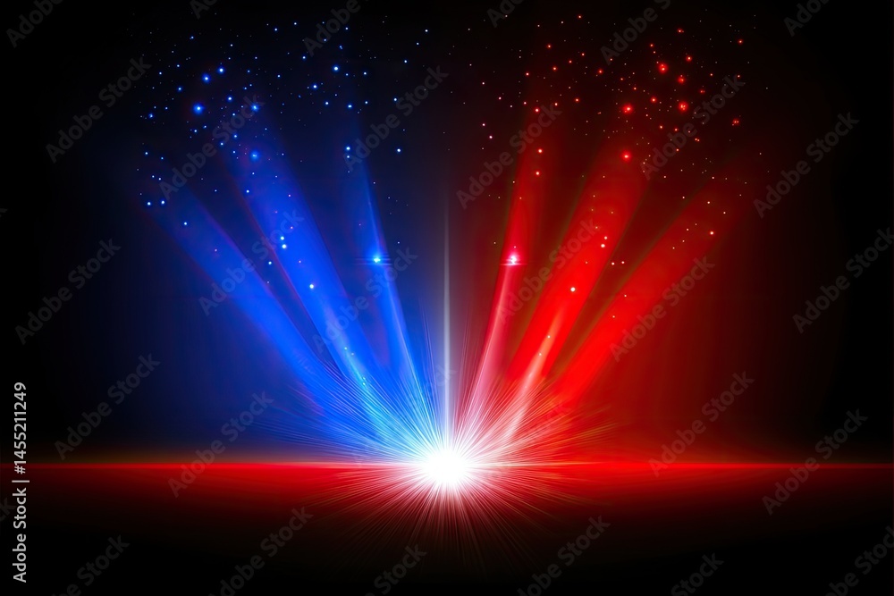 Exploding, vibrant, blue and red light beams radiating outward from a central point, against a dark background Exploding, vibrant, blue and red light beams radiating outward from a central point, against a dark background
