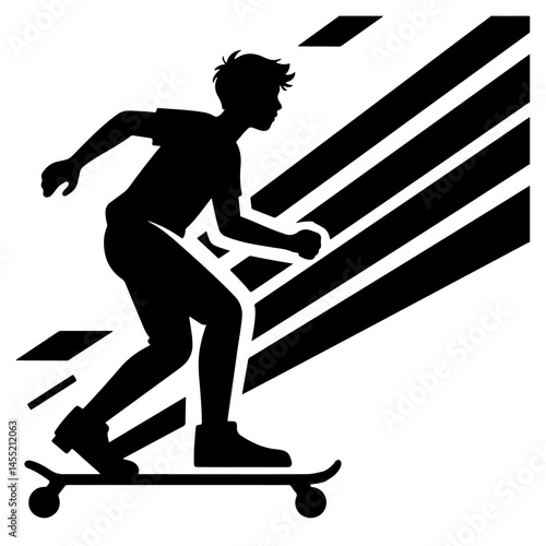 Silhouette of a boy skateboarding, dynamic vector illustration. Black and white, speed, motion.