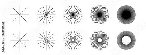 Straight radial lines. Set of sun rays icons isolated on white background. Radiance, boom, explosion or firework symbols. Twinkle or sparkle signs. Vector graphic illustration.