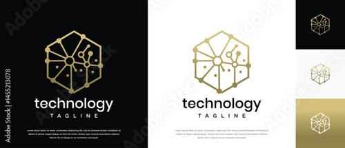Technology connection hexagon logo design. Technology connection logo template. Technology logo symbol icon	