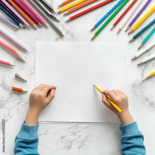 Overhead view of a child's hands drawing on a blank white paper sheet, surrounded by colorful pencils on a marble surface.
