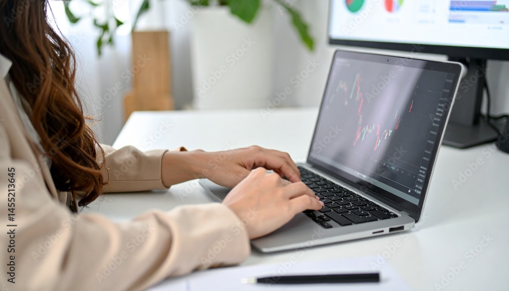 Fototapeta premium Person analyzing stock charts on laptop at desk