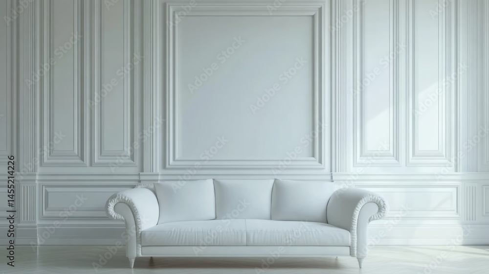 Fototapeta premium Elegant, white, paneled room, showcasing a white sofa.