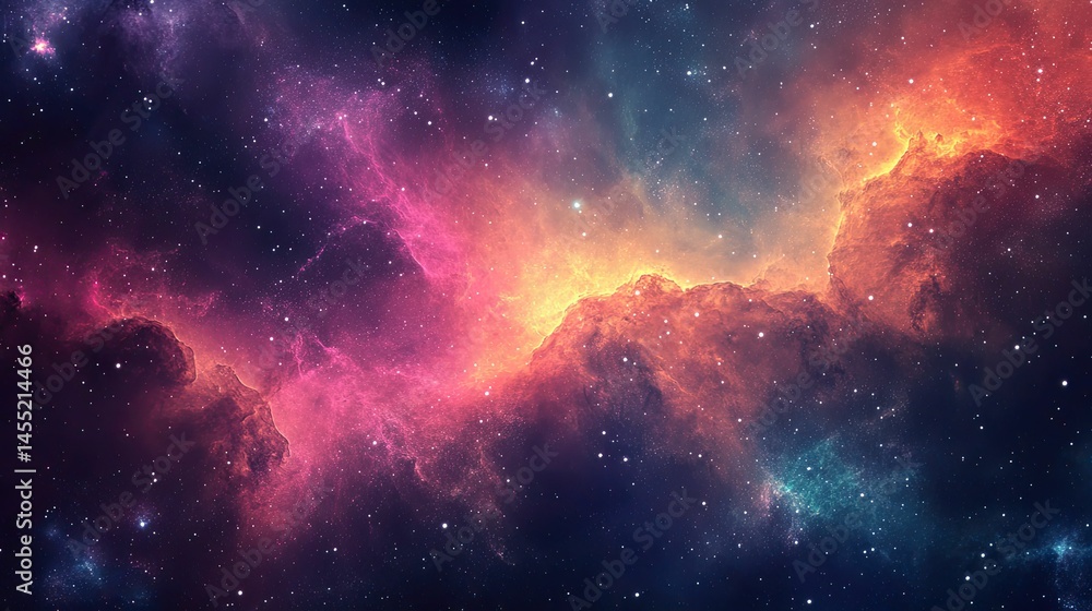 Fototapeta premium Cosmic Nebula: Vivid Hues of Pink, Orange, and Teal Gas Clouds Interspersed with Myriad Stars in a Dark Expanse of Space. A Celestial Tapestry.