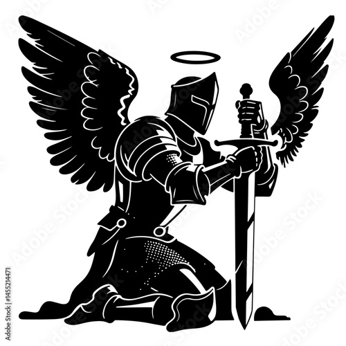 A kneeling winged knight in full armor holds a sword, a halo above his head.  Black and white vector illustration.