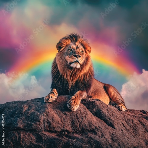 Majestic male lion, large tawny mane, sitting atop dark rock formation, against vibrant rainbow and colorful cloudy sky; powerful, regal presence.