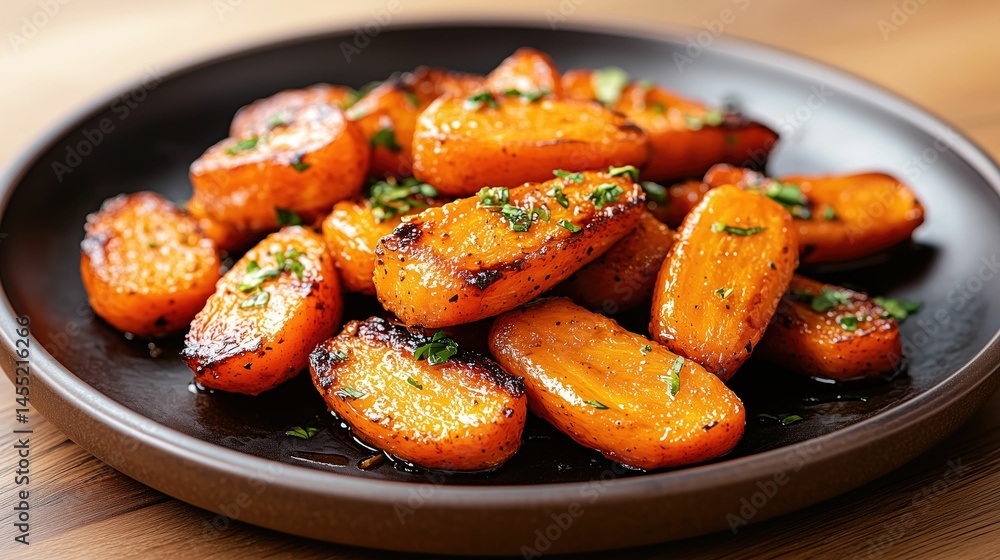 Close-up view of roasted carrot pieces on a dark plate. The carrots are glazed, glistening, and seasoned with herbs. Close-up view of roasted carrot pieces on a dark plate. The carrots are glazed, glistening, and seasoned with herbs.