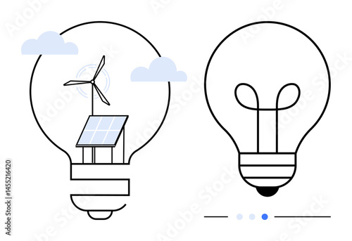 Light bulb containing a wind turbine and solar panel, symbols of renewable energy, next to a standard bulb outline. Ideal for sustainability, innovation, green energy, eco-technology, clean energy