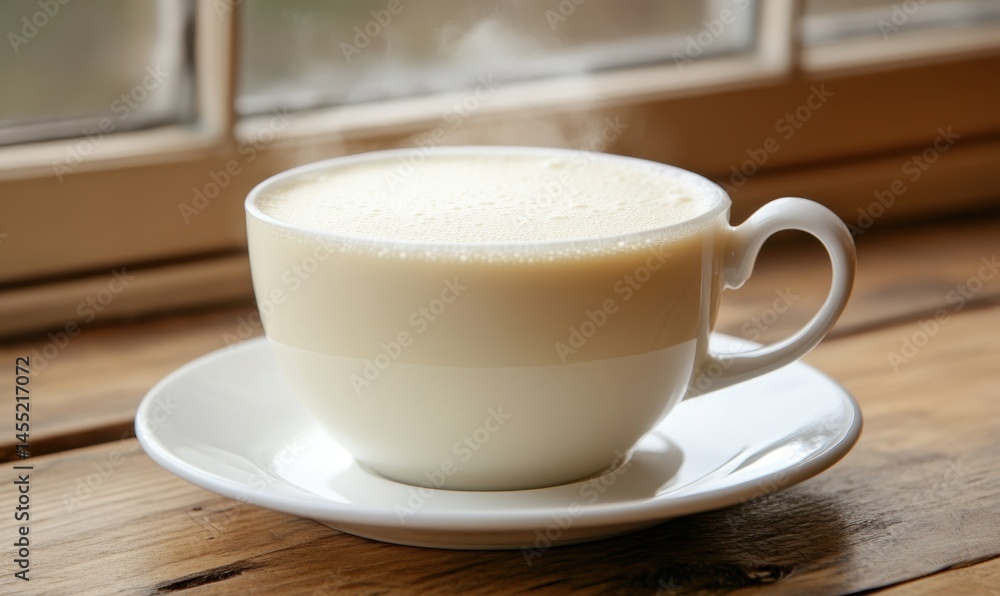 Obraz premium Steaming, creamy beverage in a white cup by a window.