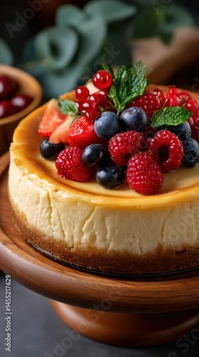 Delicious baked cheesecake with fresh summer berries and mint leaves on a wooden stand, perfect for desserts and special occasions.