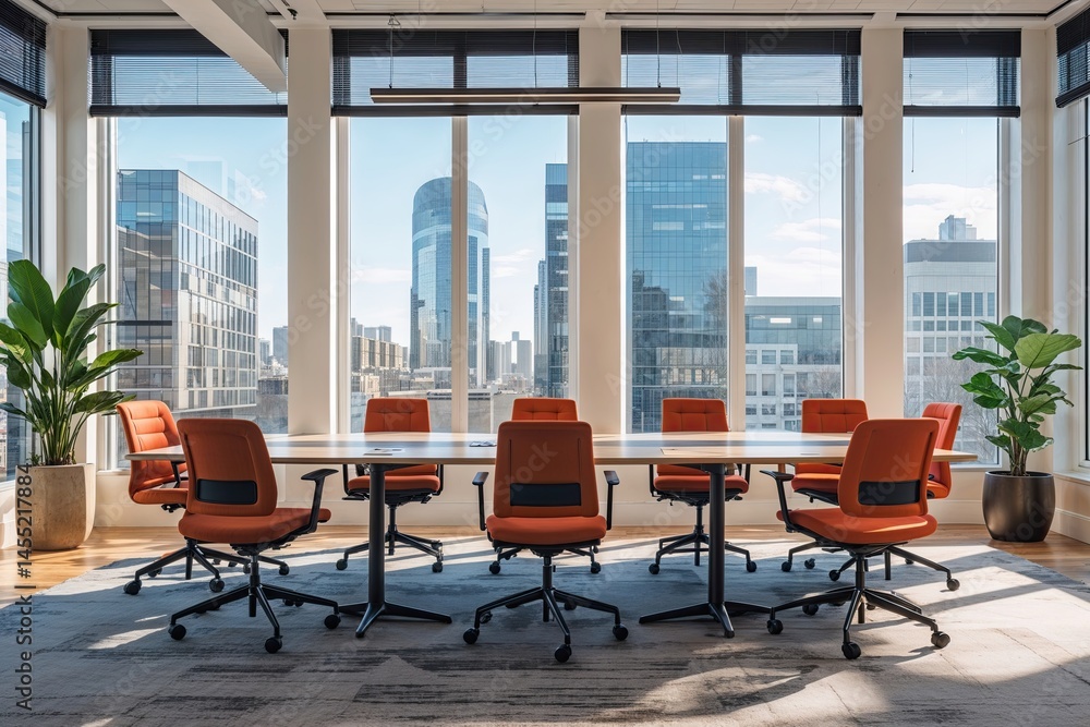Modern Office Workspace with Large Windows and Conference Chairs for Effective Strategic Planning Modern Office Workspace with Large Windows and Conference Chairs for Effective Strategic Planning