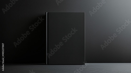Dark-toned book mockup against a textured black backdrop, showcasing a blank cover for design or publishing purposes; simple, minimalist composition with subtle lighting.