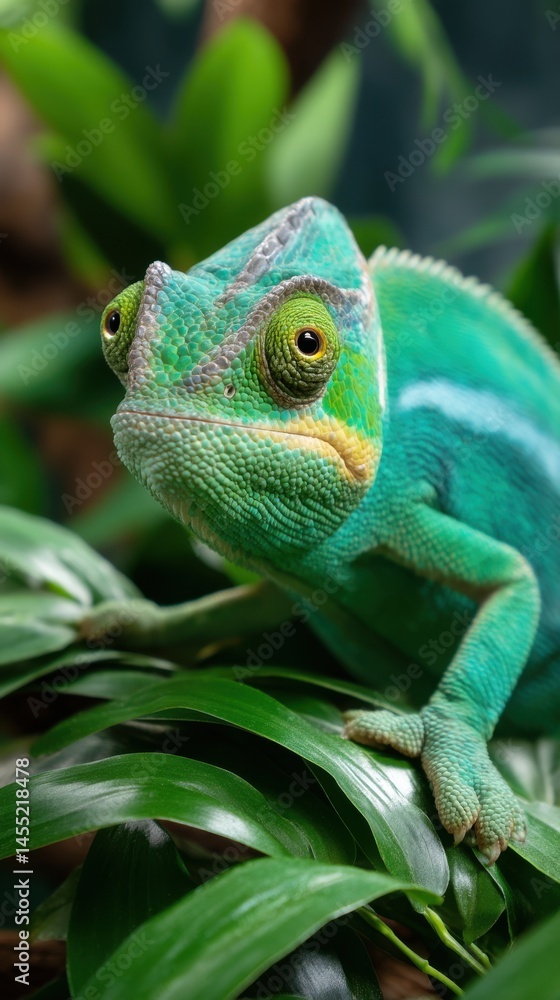 Obraz premium Close-up of a vibrant green chameleon with textured skin and bulging eyes, resting amongst lush green leaves in a natural habitat.