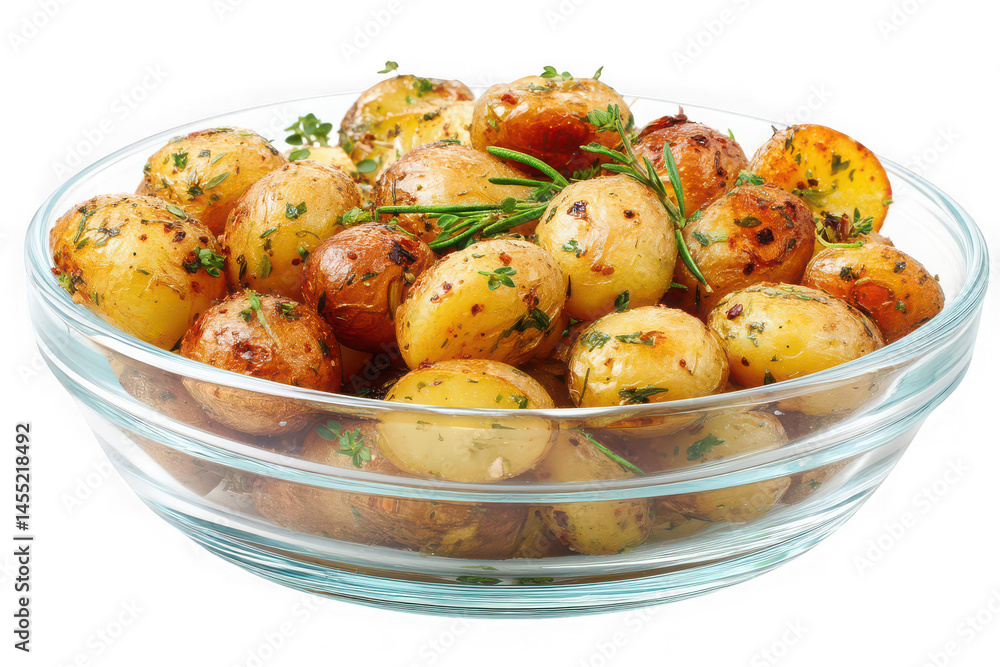 Roasted baby potatoes with herbs in a clear glass bowl on a black isolated background. potatoes in a bowl Roasted baby potatoes with herbs in a clear glass bowl on a black isolated background. potatoes in a bowl