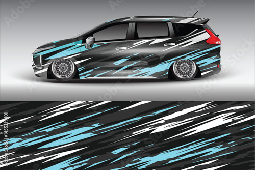 Sleek black and blue car wrap design for customization