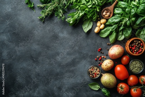 Flat lay of fresh vegetables herbs and tomatoes on dark background with textured surface
