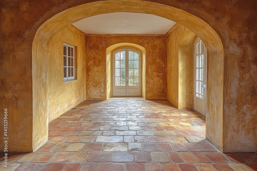 Fototapeta premium Interior of arched hallway with warm lighting and rustic tiled floor
