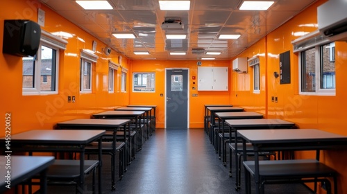Orange modular canteen interior, tables, chairs, building