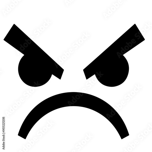 Angry face emoticon, black and white vector illustration, simple style, negative emotion, digital art.