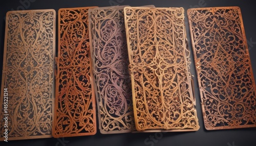Assortment of colorful, laser-cut cards with ornate designs, decor, handmade, art