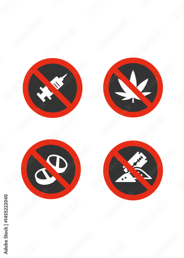 Drugs ban prohibition sign. Illegal drugs vector icons set stock illustration Drugs ban prohibition sign. Illegal drugs vector icons set stock illustration