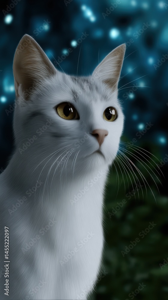 Portrait of a regal white cat with yellow eyes gazing upwards at a mysterious bokeh and foliage background Portrait of a regal white cat with yellow eyes gazing upwards at a mysterious bokeh and foliage background