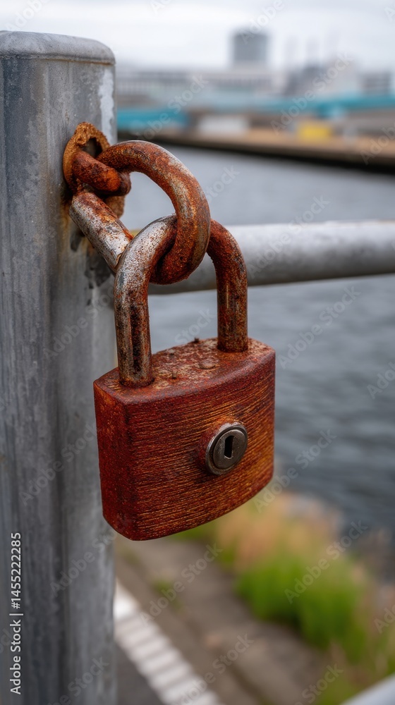 Weathered rusty padlock and chain securing a metal fence, with a blurred background of water and distant buildings Weathered rusty padlock and chain securing a metal fence, with a blurred background of water and distant buildings