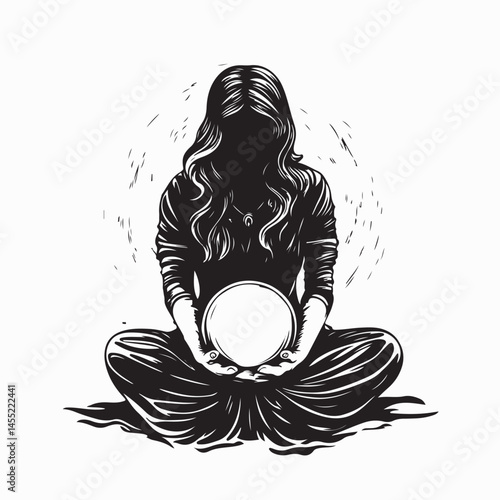 Mystical Woman Gazing Into Crystal Ball Silhouette vector isolated on white background.