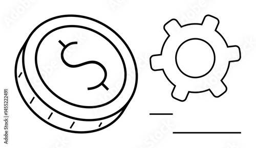 Coin with dollar sign paired with gear for concepts of economy, financial strategy, business productivity. Ideal for finance, technology, investment ideas, monetization, automation, startups